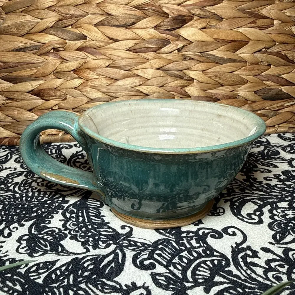 NEW Hand Made Coffee Mug Cup Artist Signed Blue Green Cream Stoneware Mug Cup